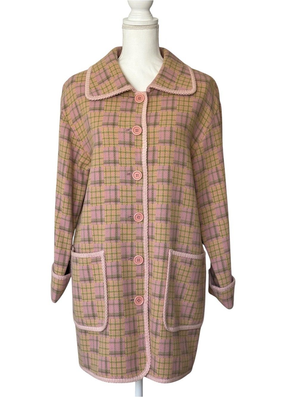 Vintage Arden Plaid Checked Wool Blend Car Coat Jacket Pink Buttons Women S M